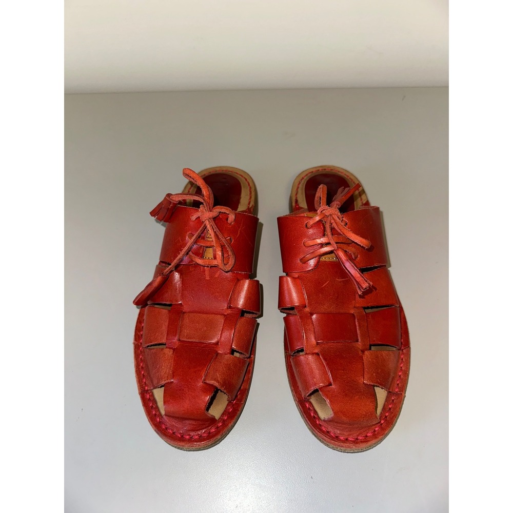 Vera Pelle Red Leather Huarache Fisherman Tassel Lace Up Mules | Size 36